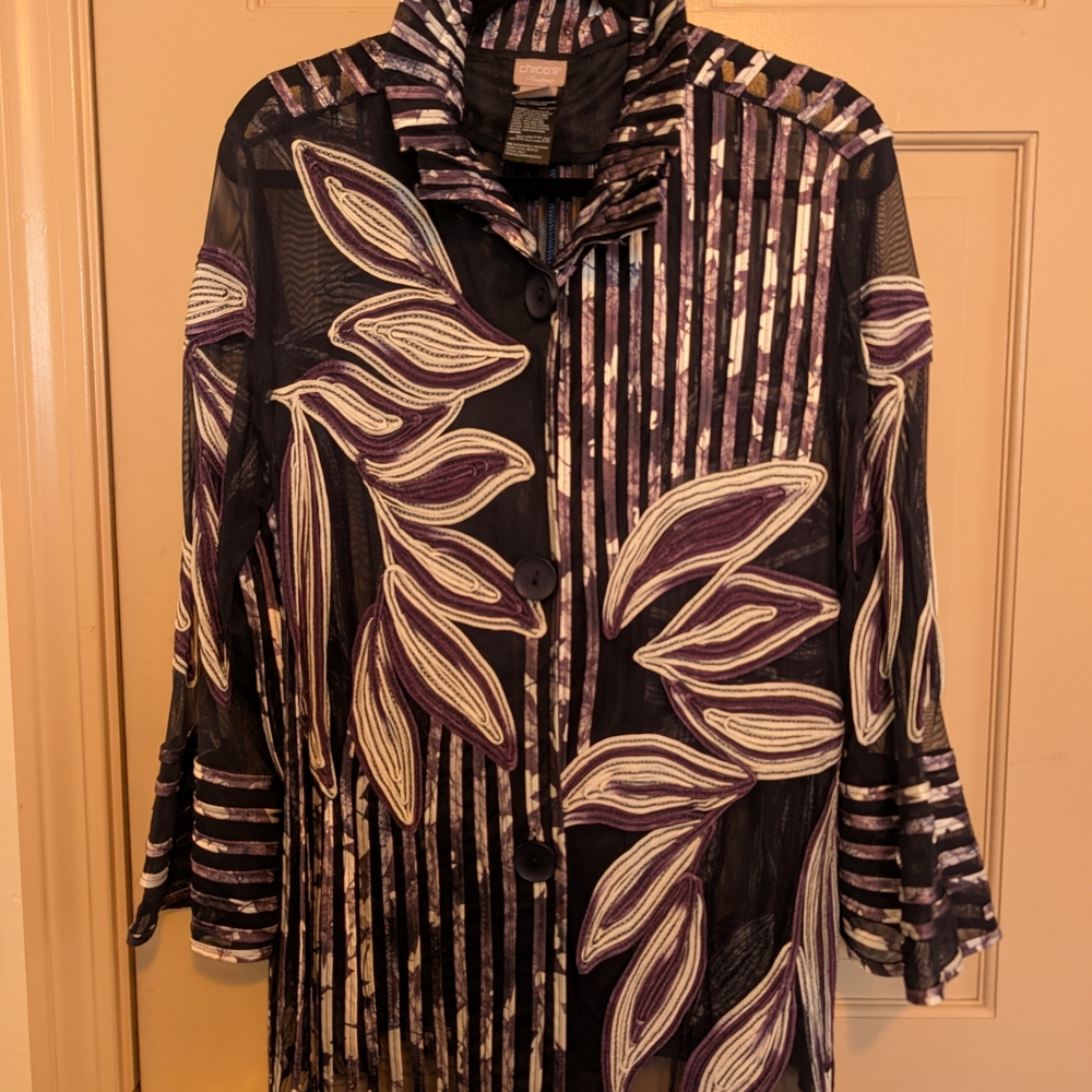 Chico's Sheer Black and Purple Leaf Blouse
